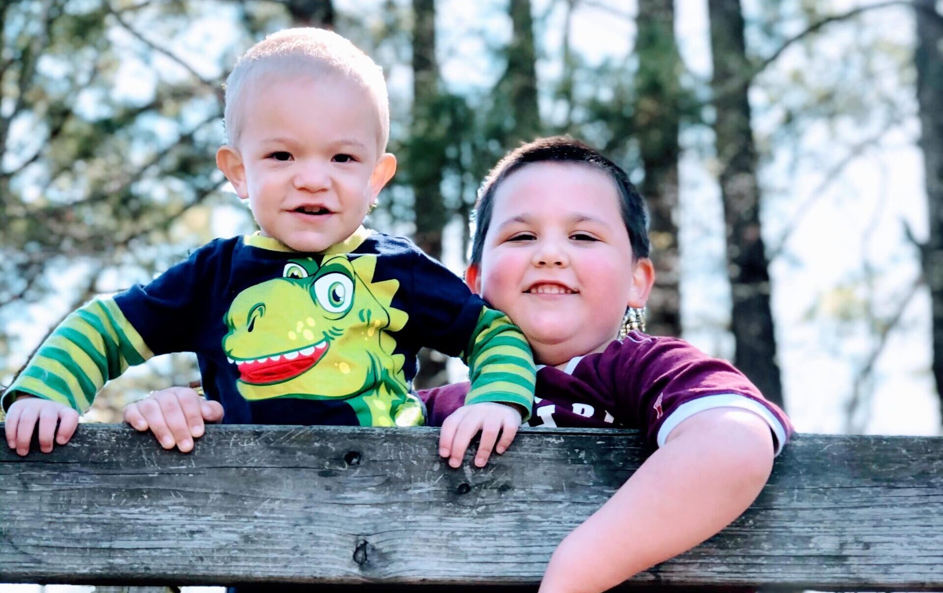 toddler in a dinosaur shirt standing by a fence with his older brother