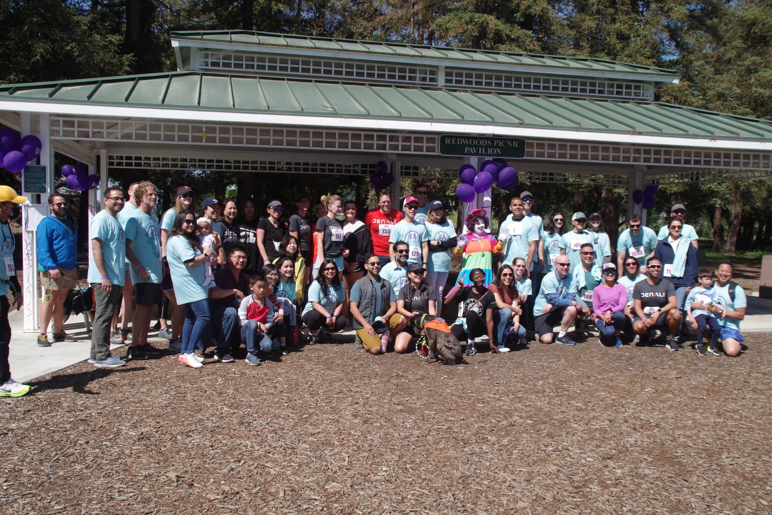 Group gathers at a gazebo for a group photo after the Napa Race for a Cure event